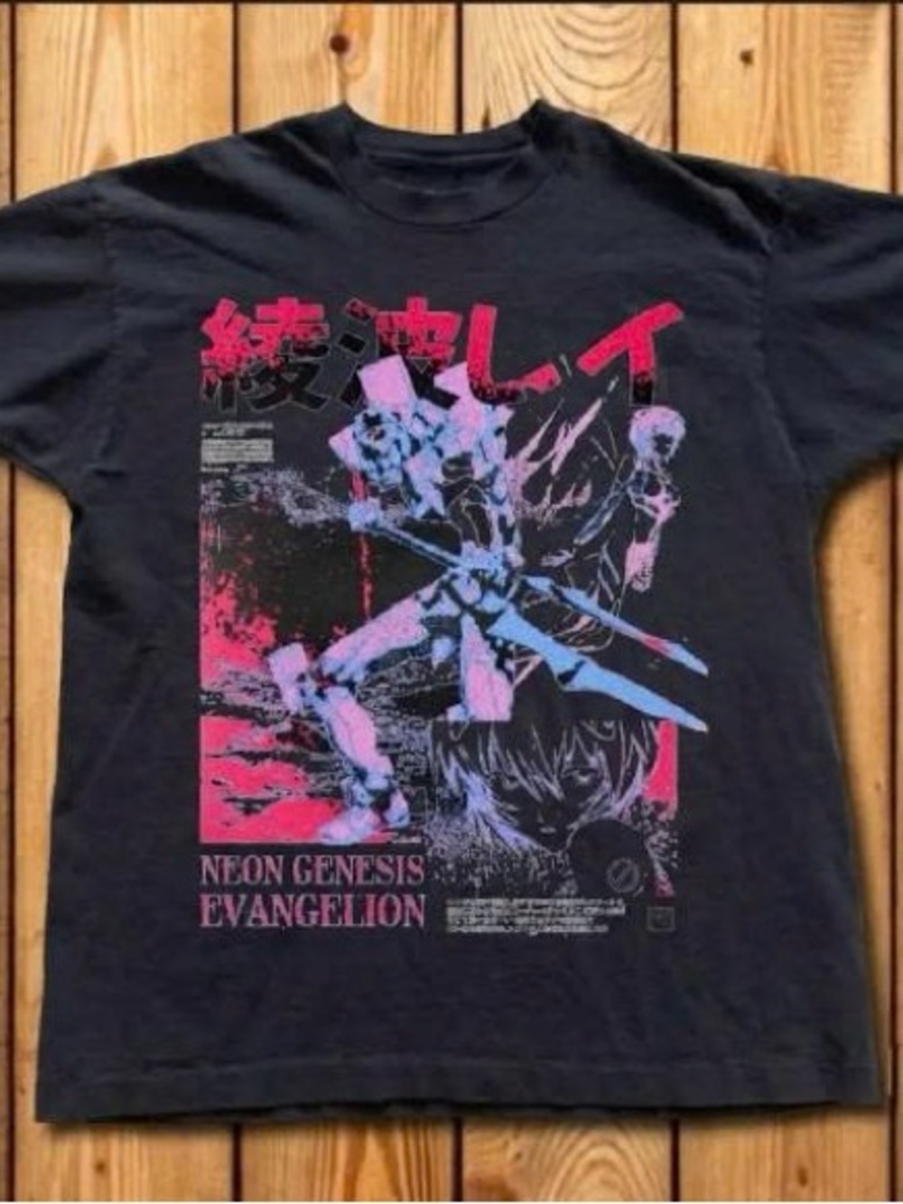Neon Genesis Evangelion Black Graphic Tee with Pink & Blue Print